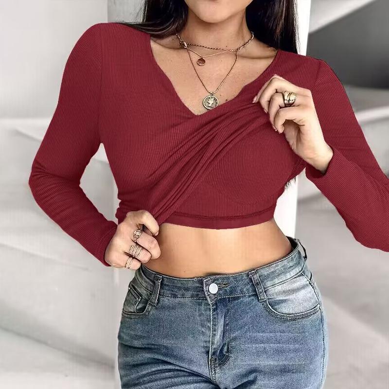 Women Built-in Self Bra Notch Neck Long Sleeve Shirts Tops Ruched Waist Rib-Knit Top