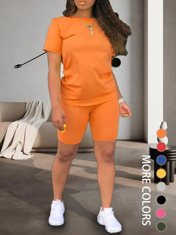 Two-piece Set Women's Plain Shorts Set. Comfort Round Neck Shortsleeve Tee & Skinny Shorts, Summer Clothes Women, Back To School Outfits, Workout Set, Fitted Casual Summer Clothes for Outdoor, Tomboy Femme Outfits, Workout Sets Women. Womenswear