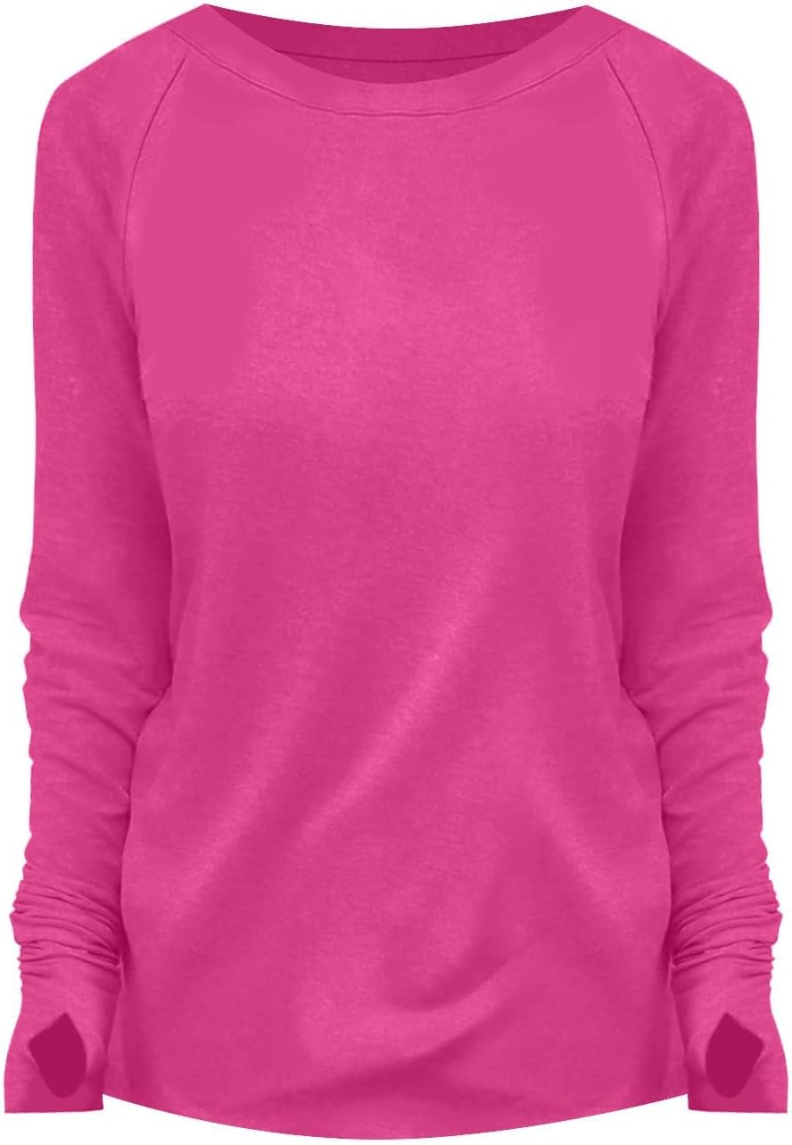 Womens Tunic Tops to Wear with Leggings Long Sleeve Thumb Hole Shirts Crew Neck Curved Hem Fall Winter Clothes