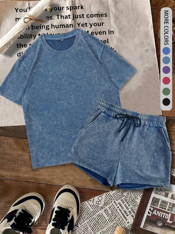 Two-piece Set Women's Solid Color Shortsleeve Tee & Denim-effect Print Shorts Cotton Set