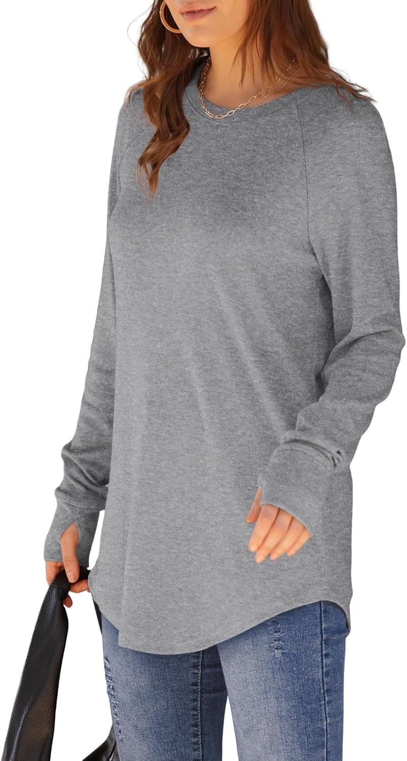 Womens Tunic Tops to Wear with Leggings Long Sleeve Thumb Hole Shirts Crew Neck Curved Hem Fall Winter Clothes