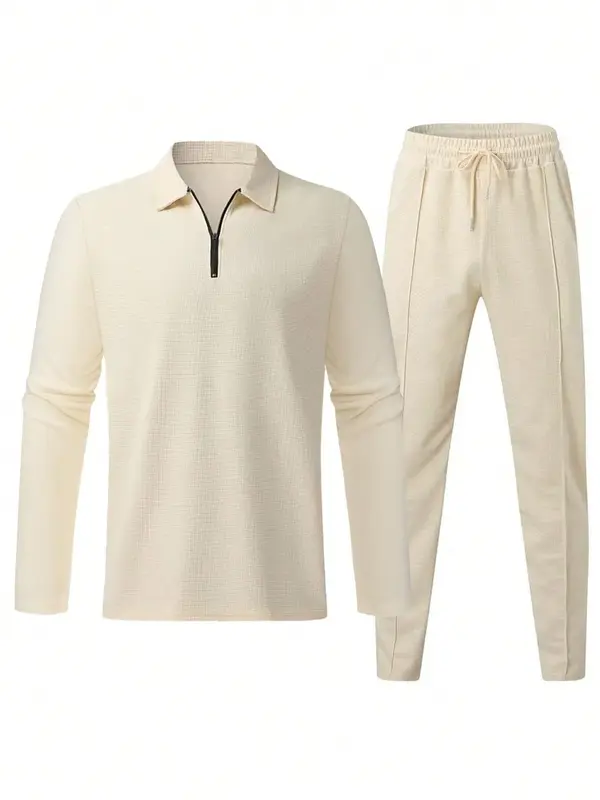 Men's Solid Textured Long Sleeve Polo Shirt & Drawstring Waist Pants Matching Sets