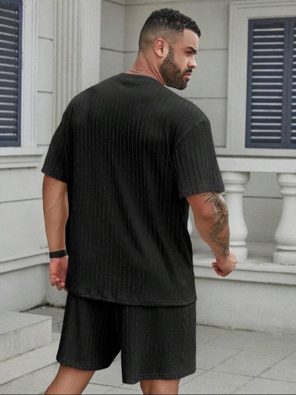 Two-Piece Set Men's Solid Waffle Knit Short Sleeve Tee & Pocket Shorts Set