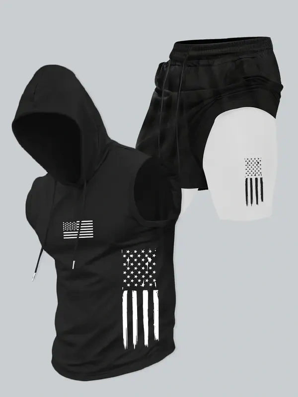 Season promotion--Two-piece Set Men's American Flag Print Hooded Tank Top & Shorts Set