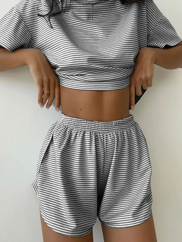 Two-Piece Set Women's Striped Print Drop Shoulder Tee