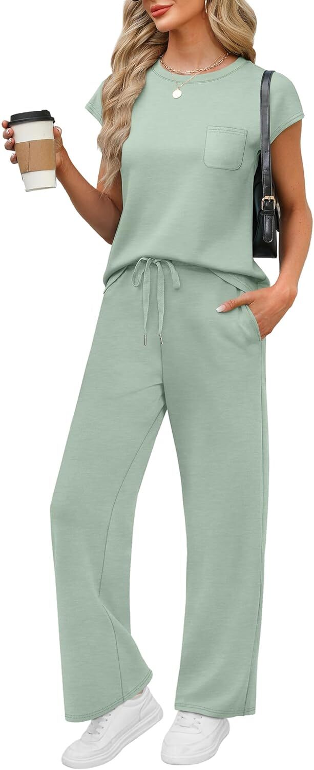 🔥 Hot selling model-2 Piece Sets for Women Casual Summer Travel Vacation Outfits Cap Sleeve Lounge Set