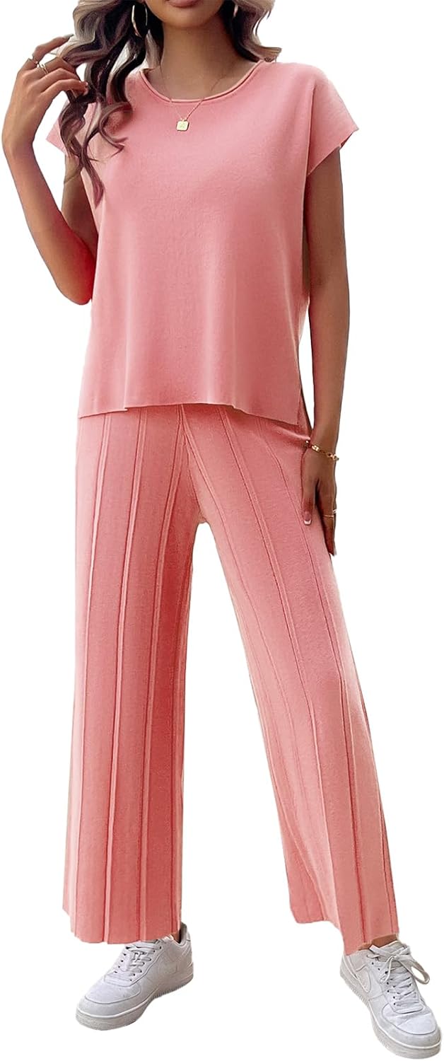 Womens 2 Pieces Lounge Sets Knit Sweater Sets Casual Cap Sleeve Tops with Wide Leg Pants Tracksuits
