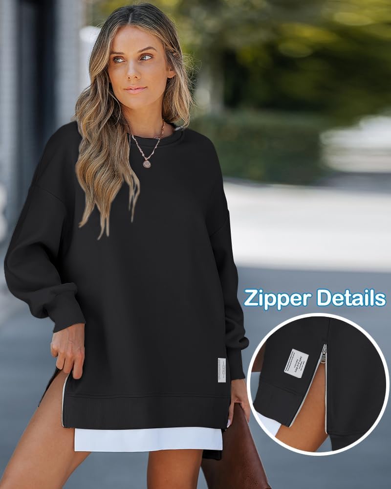 Womens Long Sleeve Zipper Slit Oversized Sweatshirt 2025 Casual Pullover Zipper Hoodies Fall Clothes