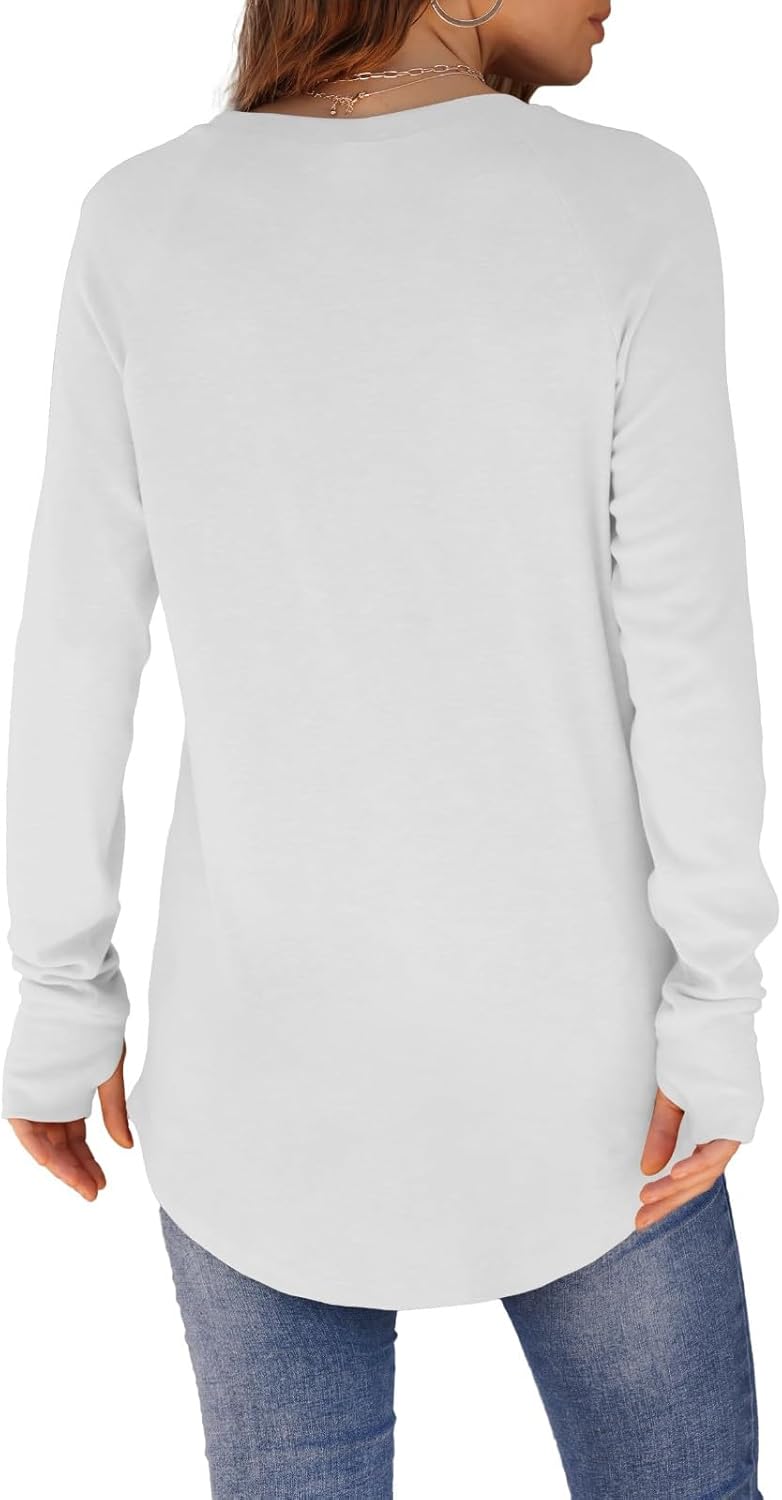 Womens Tunic Tops to Wear with Leggings Long Sleeve Thumb Hole Shirts Crew Neck Curved Hem Fall Winter Clothes