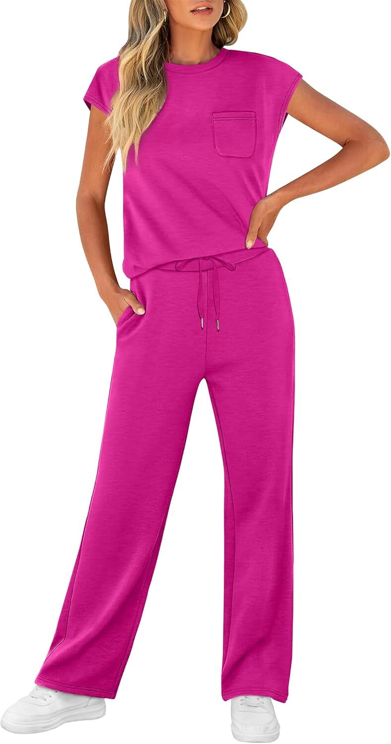 🔥 Hot selling model-2 Piece Sets for Women Casual Summer Travel Vacation Outfits Cap Sleeve Lounge Set