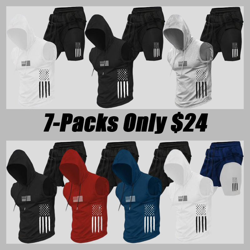 Season promotion--Two-piece Set Men's American Flag Print Hooded Tank Top & Shorts Set