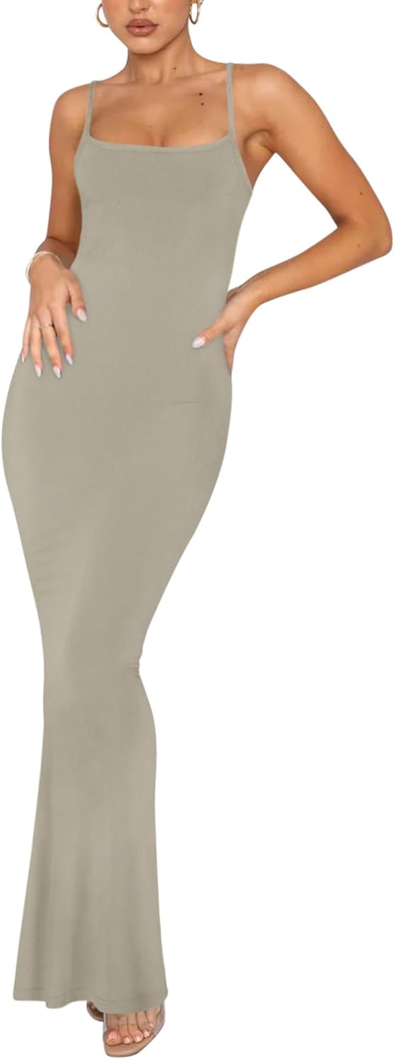 Women's Basic Sexy Lounge Slip Long Dress Elegant Sleeveless Backless Ribbed Bodycon Maxi Dresses