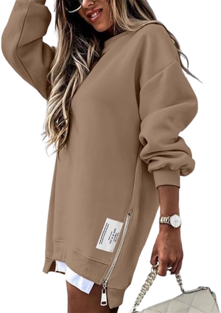 Womens Long Sleeve Zipper Slit Oversized Sweatshirt 2025 Casual Pullover Zipper Hoodies Fall Clothes