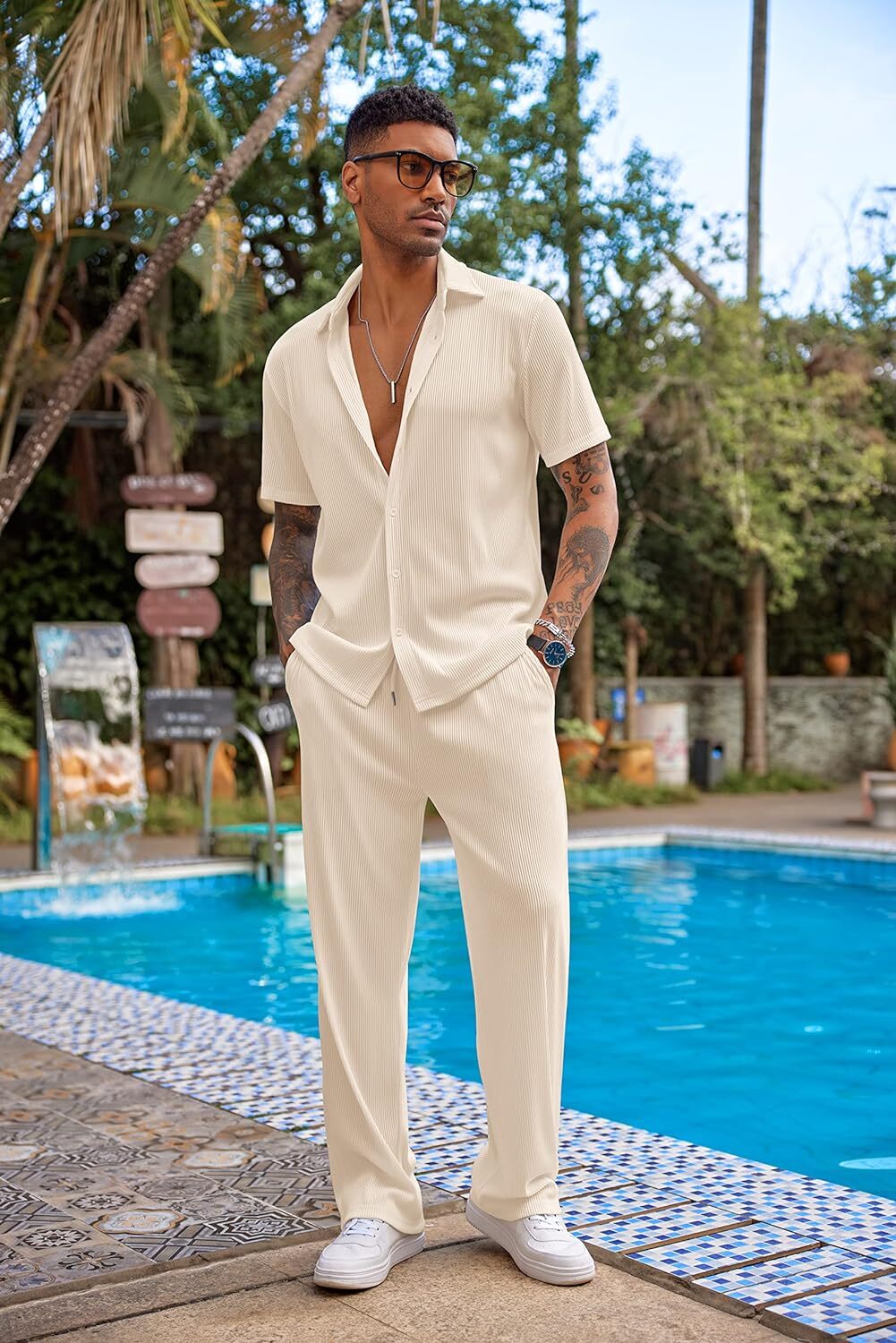 Men's 2 Piece Outfit Casual Short Sleeve Button Down Shirt Beach Summer Loose Pant Sets