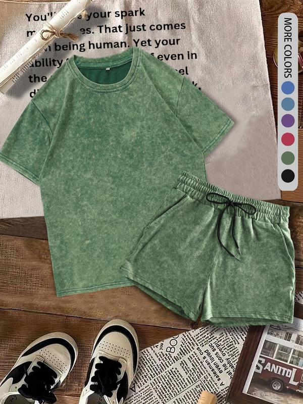 Two-piece Set Women's Solid Color Shortsleeve Tee & Denim-effect Print Shorts Cotton Set