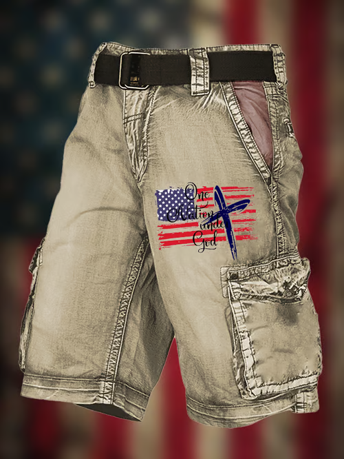 Men's Vintage Flag Independence Day Multi-Pocket Print Cargo Shorts (Belt Included)