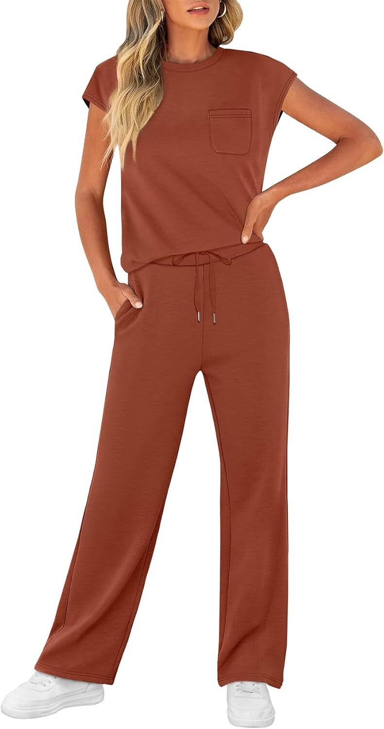 🔥 Hot selling model-2 Piece Sets for Women Casual Summer Travel Vacation Outfits Cap Sleeve Lounge Set