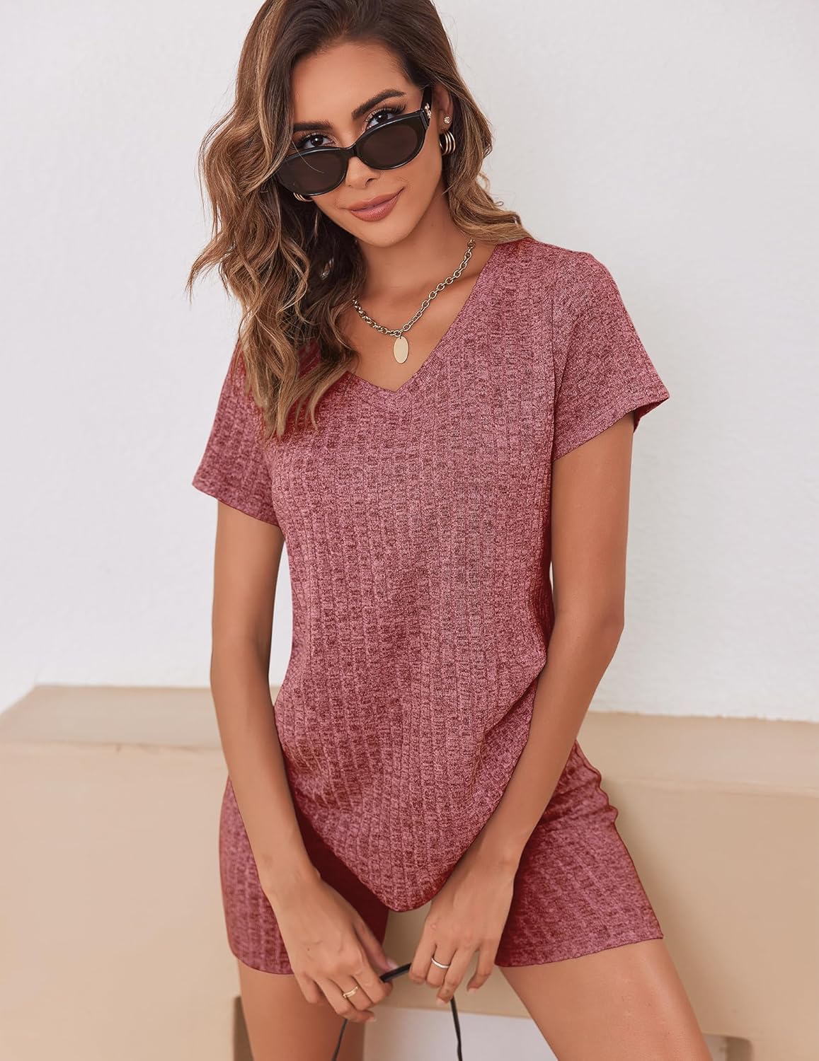 Biker Short Sets Women 2 Piece Outfits Ribbed Pajama Short Sleeve Workout Set