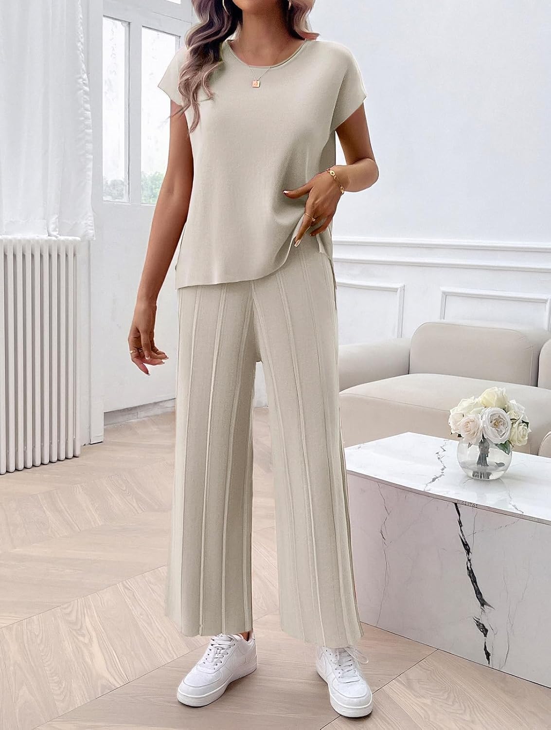 Womens 2 Pieces Lounge Sets Knit Sweater Sets Casual Cap Sleeve Tops with Wide Leg Pants Tracksuits