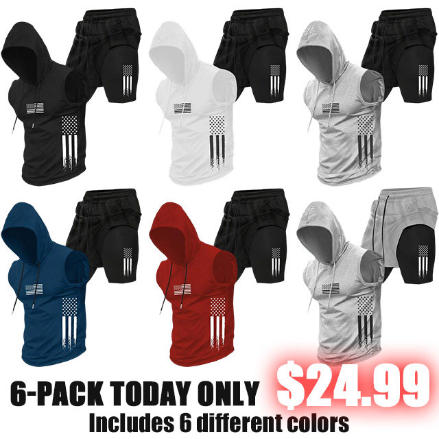 Season promotion--Two-piece Set Men's American Flag Print Hooded Tank Top & Shorts Set