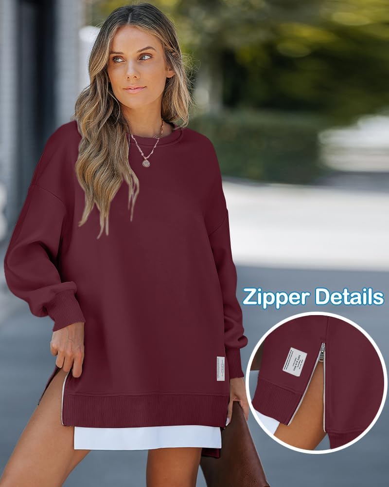 Womens Long Sleeve Zipper Slit Oversized Sweatshirt 2025 Casual Pullover Zipper Hoodies Fall Clothes
