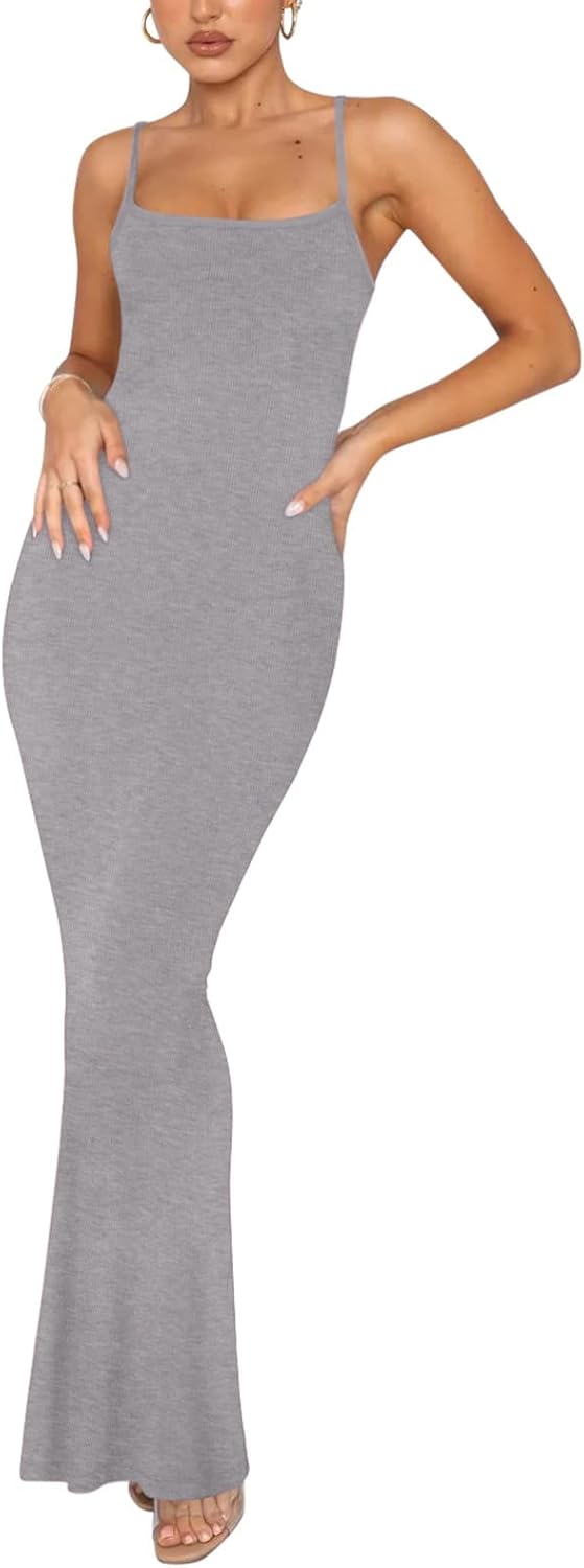 Women's Basic Sexy Lounge Slip Long Dress Elegant Sleeveless Backless Ribbed Bodycon Maxi Dresses