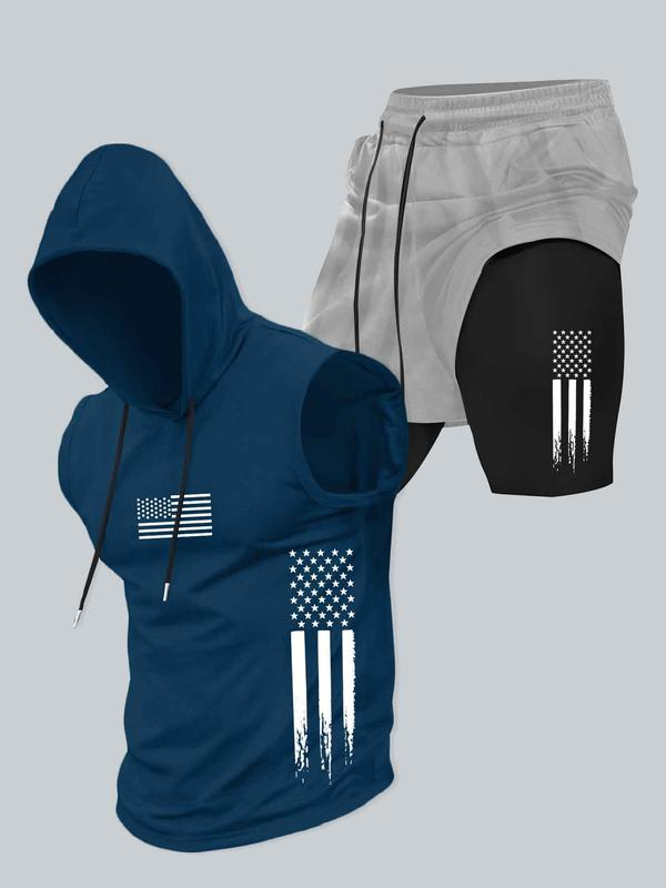Season promotion--Two-piece Set Men's American Flag Print Hooded Tank Top & Shorts Set