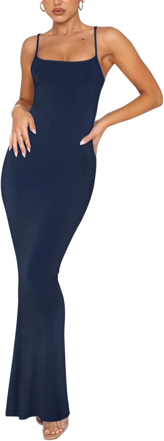 Women's Basic Sexy Lounge Slip Long Dress Elegant Sleeveless Backless Ribbed Bodycon Maxi Dresses
