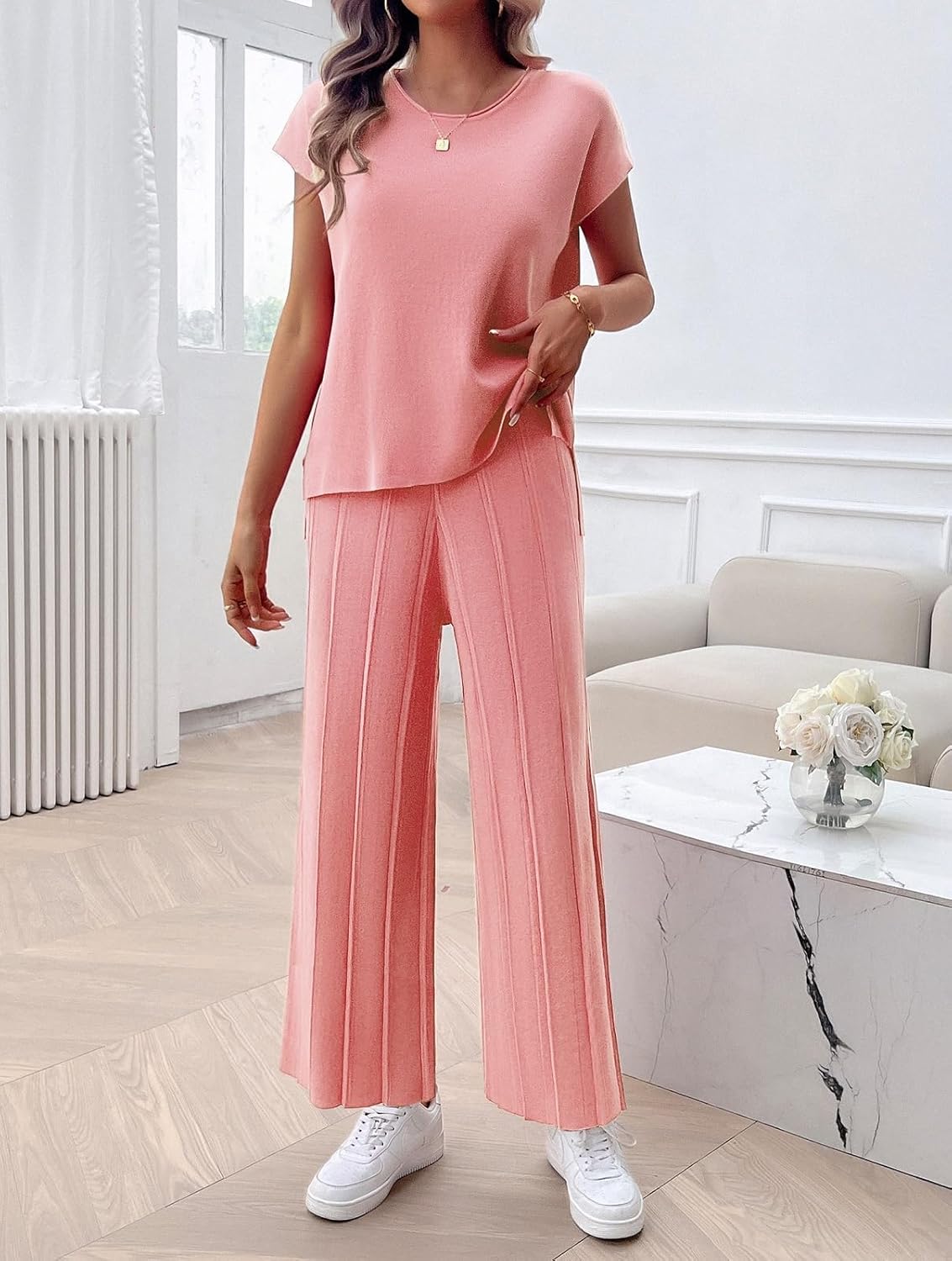 Womens 2 Pieces Lounge Sets Knit Sweater Sets Casual Cap Sleeve Tops with Wide Leg Pants Tracksuits