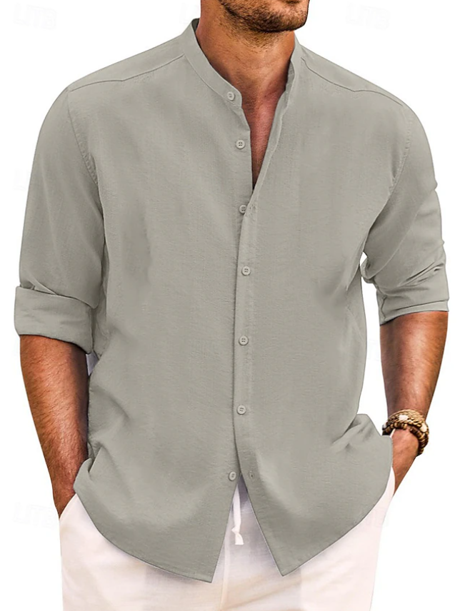 Men's Shirt Band Collar Shirt Summer Shirt Beach Wear Casual Shirt Button Up Shirt Plain Vacation Casual Black White Pink Green Long Sleeve Band Collar Spring & Summer Clothing Apparel