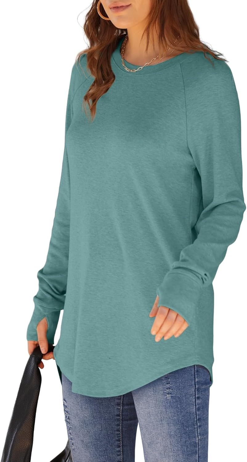 Womens Tunic Tops to Wear with Leggings Long Sleeve Thumb Hole Shirts Crew Neck Curved Hem Fall Winter Clothes