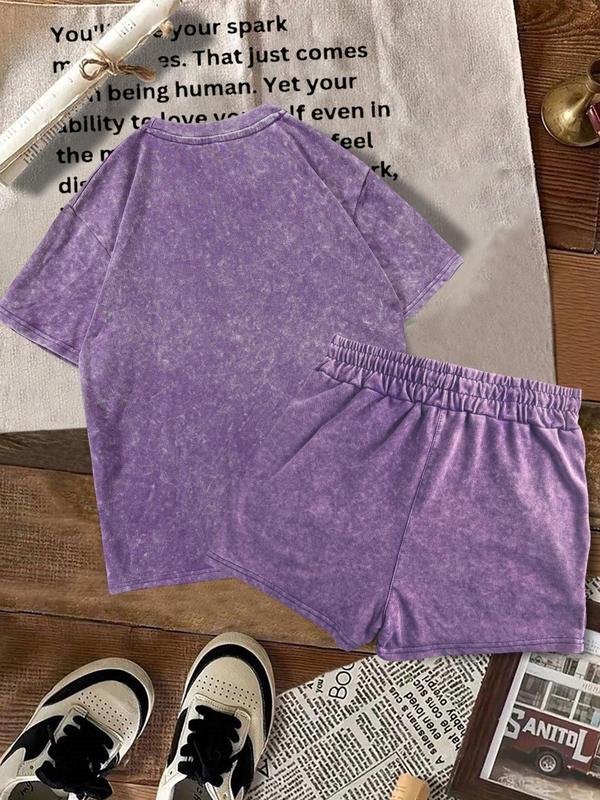 Two-piece Set Women's Solid Color Shortsleeve Tee & Denim-effect Print Shorts Cotton Set