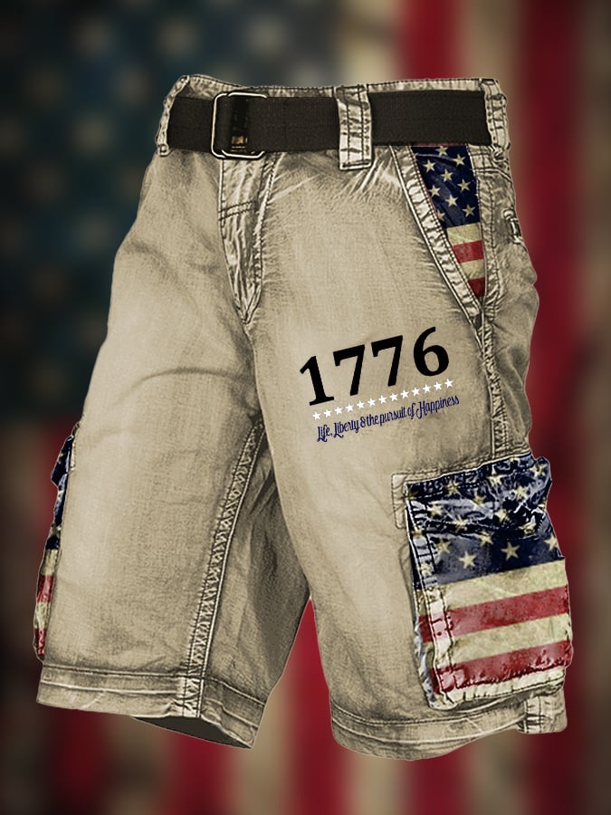 Men's Vintage Flag Independence Day Multi-Pocket Print Cargo Shorts (Belt Included)