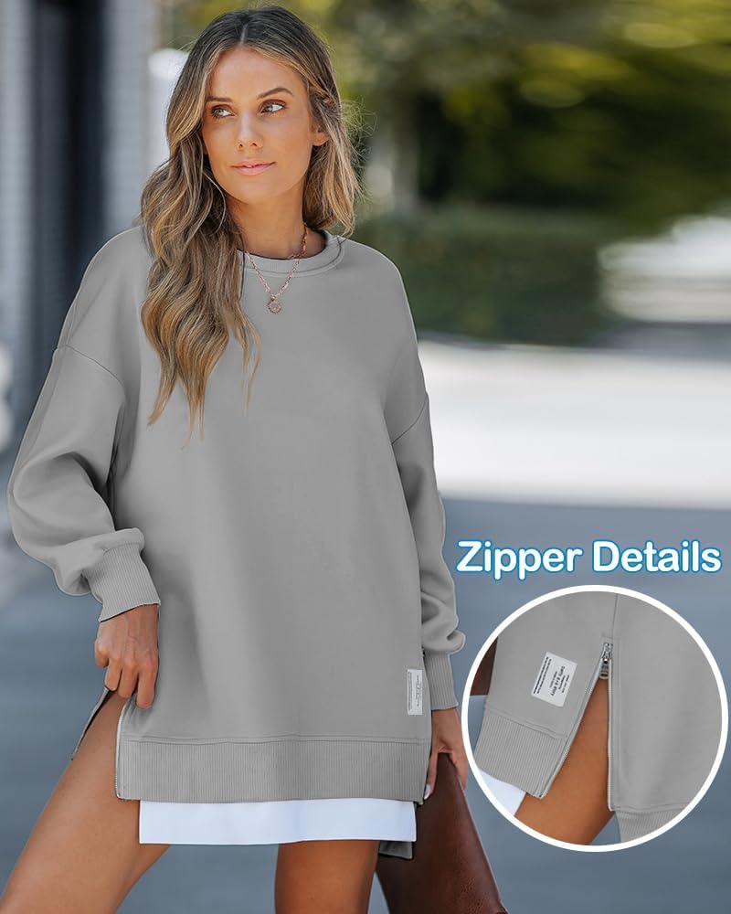 Womens Long Sleeve Zipper Slit Oversized Sweatshirt 2025 Casual Pullover Zipper Hoodies Fall Clothes