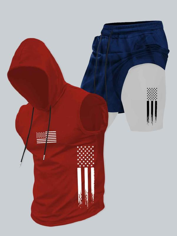 Season promotion--Two-piece Set Men's American Flag Print Hooded Tank Top & Shorts Set