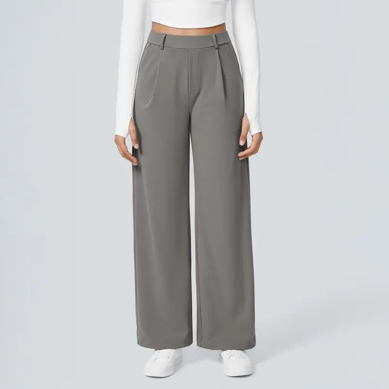 High Waisted Plicated Side Pocket Straight Leg Work Pants