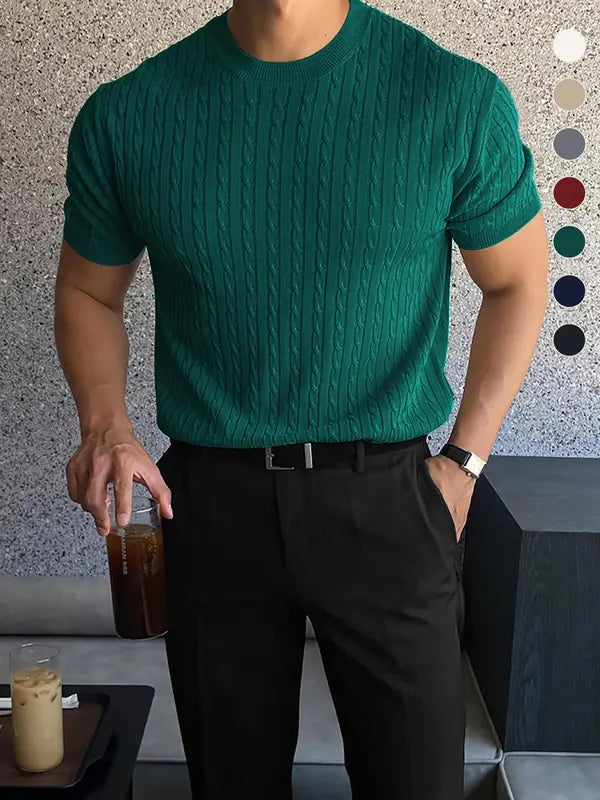 Summer Clothes Men's Plain Round Neck Cable Knit Shortsleeve Top, Slim Casual Crew Neck Knitwear for Spring & Summer, Menswear for Daily Wear, National Day Clothing