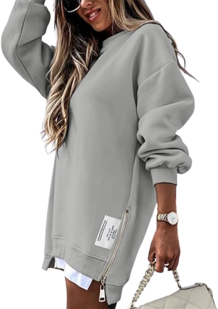 Womens Long Sleeve Zipper Slit Oversized Sweatshirt 2025 Casual Pullover Zipper Hoodies Fall Clothes