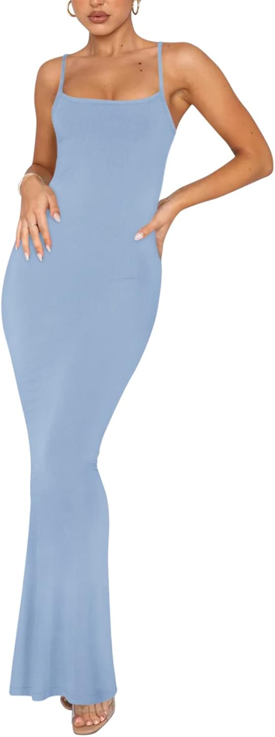 Women's Basic Sexy Lounge Slip Long Dress Elegant Sleeveless Backless Ribbed Bodycon Maxi Dresses