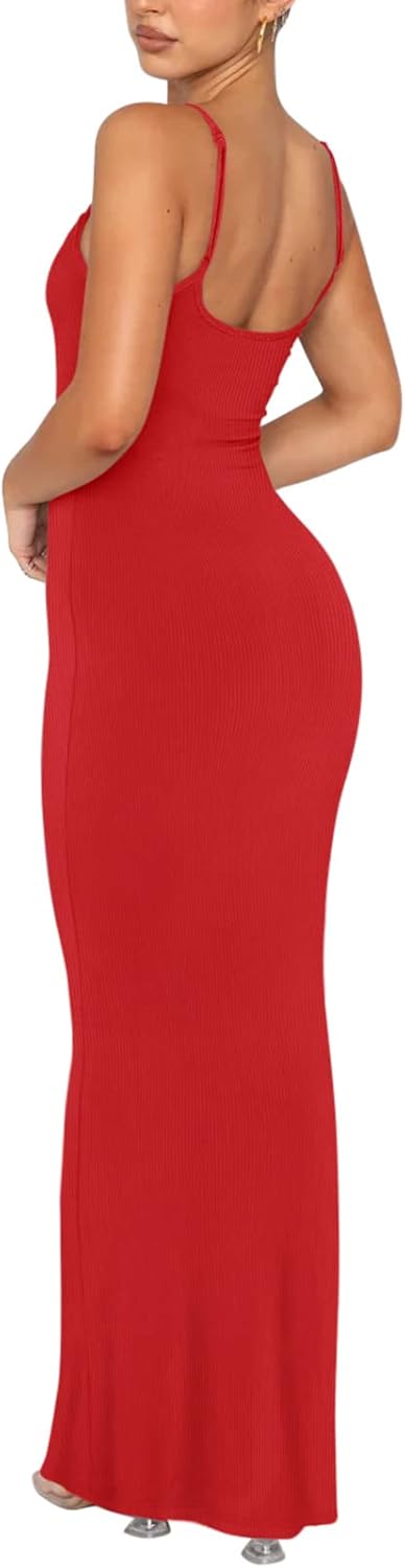 Women's Basic Sexy Lounge Slip Long Dress Elegant Sleeveless Backless Ribbed Bodycon Maxi Dresses