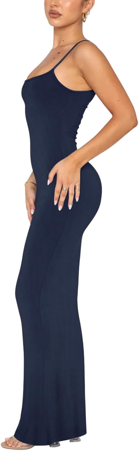 Women's Basic Sexy Lounge Slip Long Dress Elegant Sleeveless Backless Ribbed Bodycon Maxi Dresses