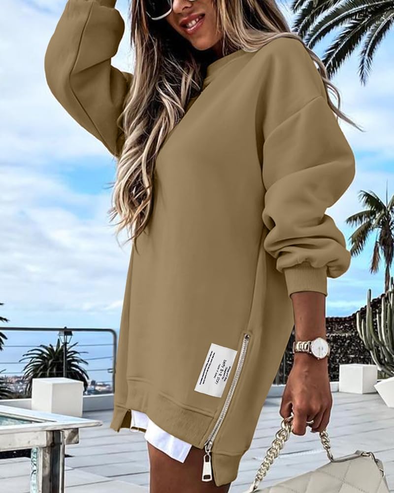 Womens Long Sleeve Zipper Slit Oversized Sweatshirt 2025 Casual Pullover Zipper Hoodies Fall Clothes