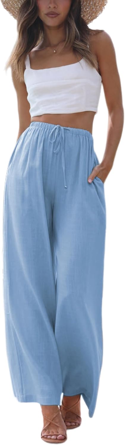Women's Cotton Linen Summer Palazzo Pants Flowy Wide Leg Beach Trousers with Pockets