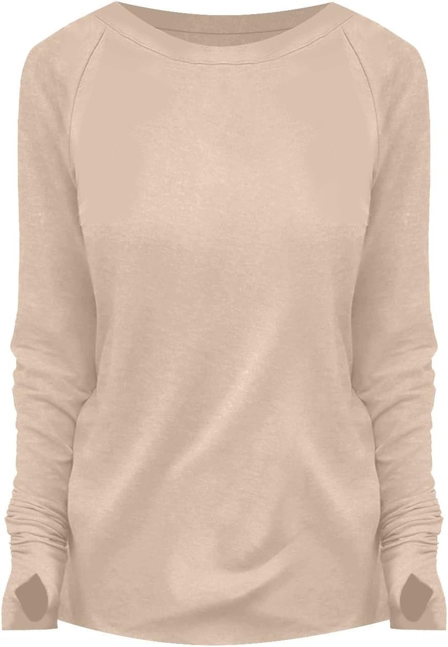 Womens Tunic Tops to Wear with Leggings Long Sleeve Thumb Hole Shirts Crew Neck Curved Hem Fall Winter Clothes