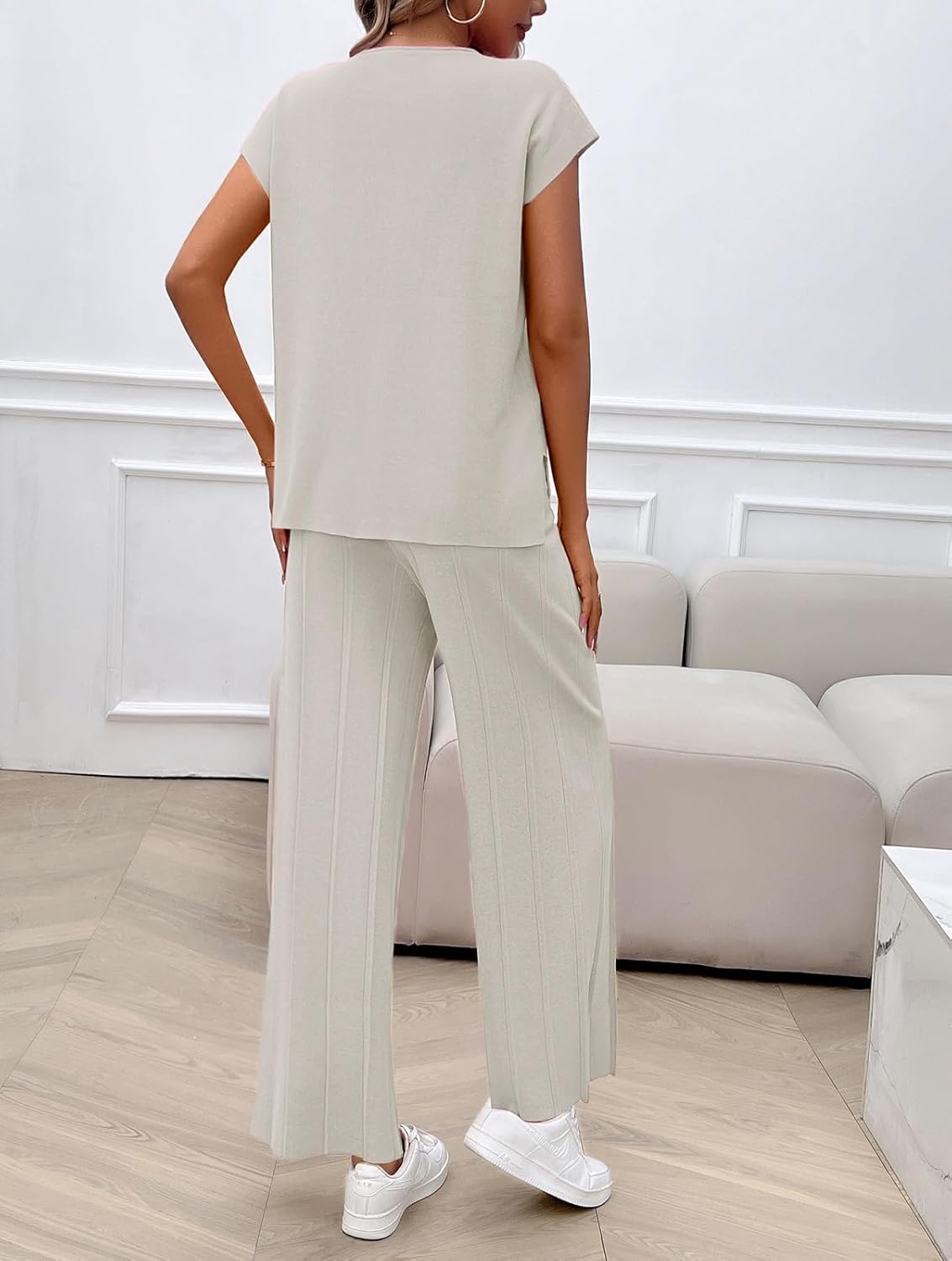 Womens 2 Pieces Lounge Sets Knit Sweater Sets Casual Cap Sleeve Tops with Wide Leg Pants Tracksuits