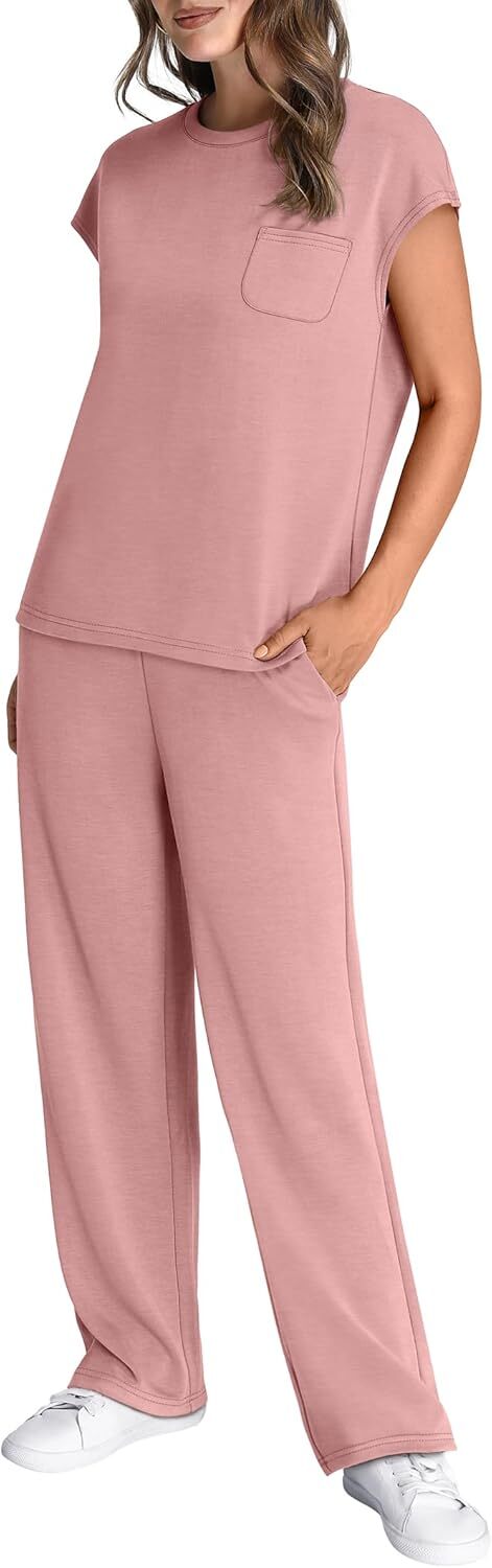 🔥 Hot selling model-2 Piece Sets for Women Casual Summer Travel Vacation Outfits Cap Sleeve Lounge Set