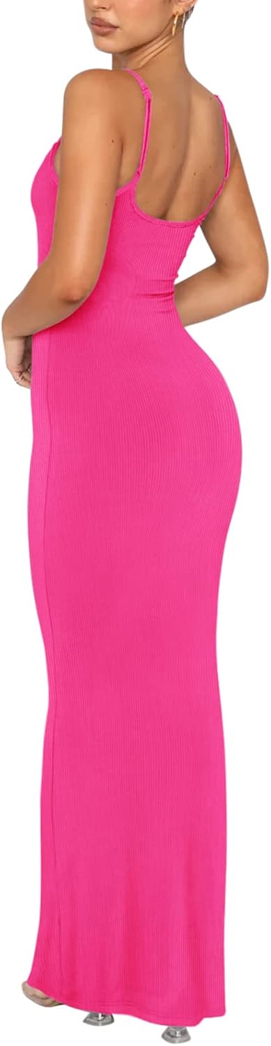 Women's Basic Sexy Lounge Slip Long Dress Elegant Sleeveless Backless Ribbed Bodycon Maxi Dresses