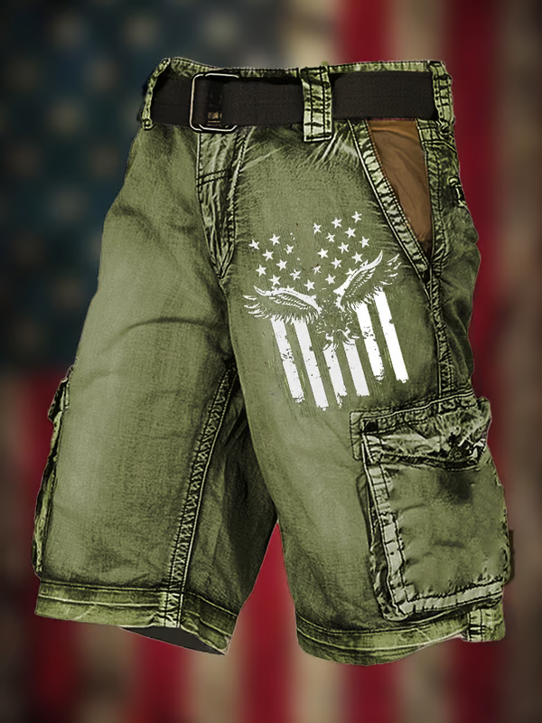 Men's Vintage Flag Independence Day Multi-Pocket Print Cargo Shorts (Belt Included)