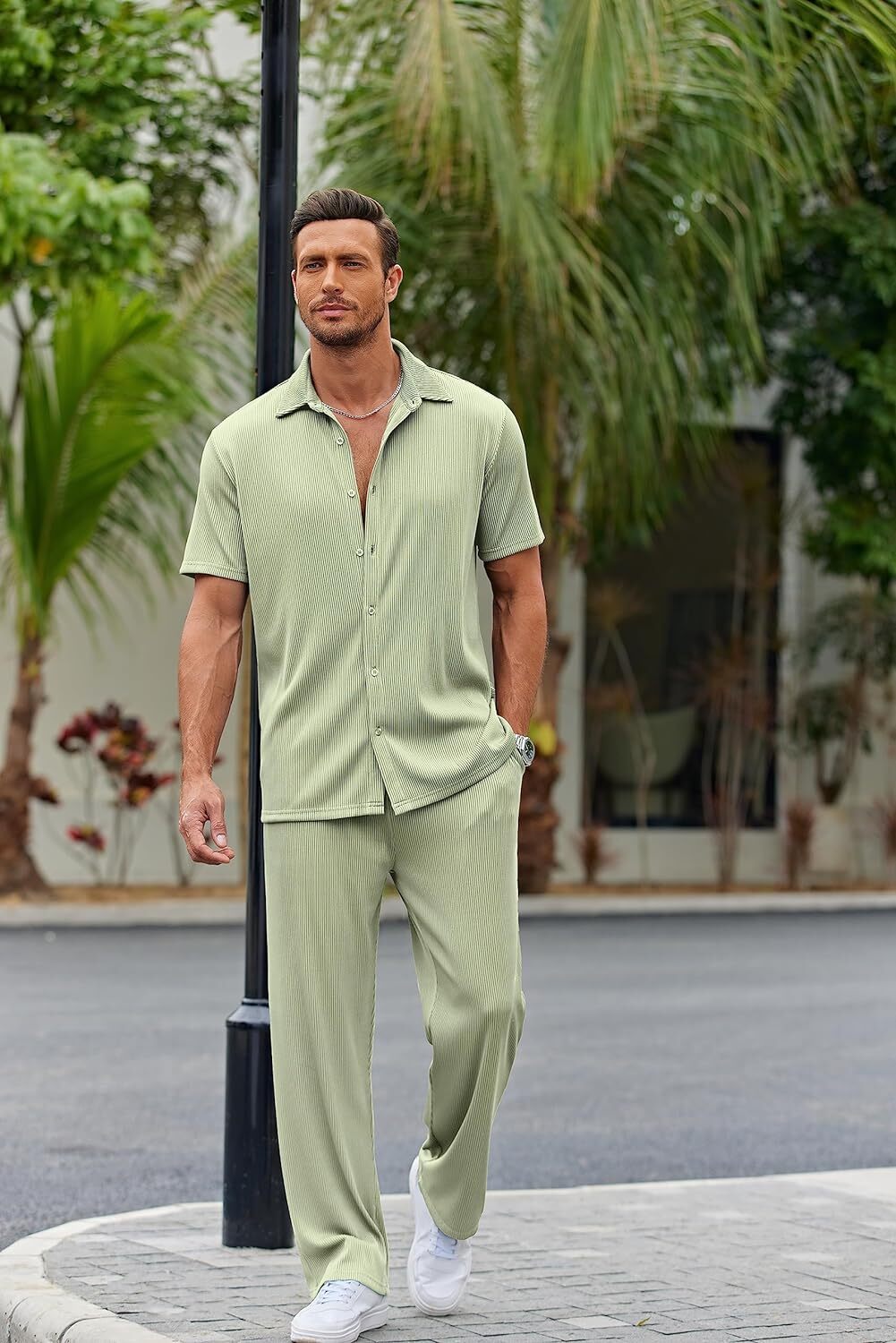 Men's 2 Piece Outfit Casual Short Sleeve Button Down Shirt Beach Summer Loose Pant Sets