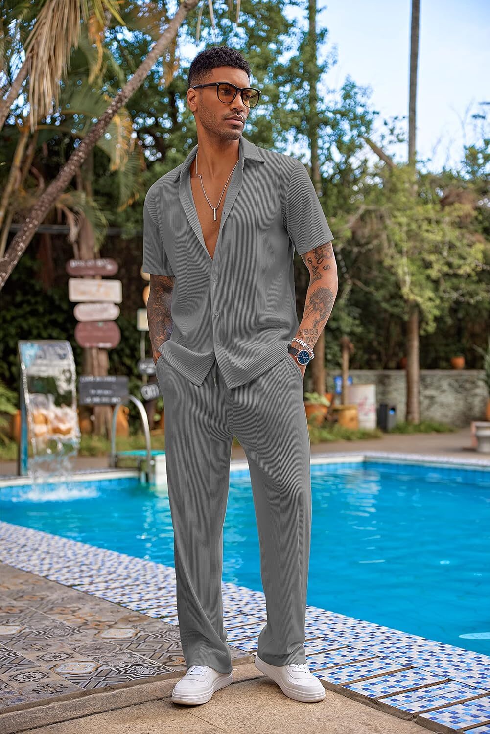 Men's 2 Piece Outfit Casual Short Sleeve Button Down Shirt Beach Summer Loose Pant Sets